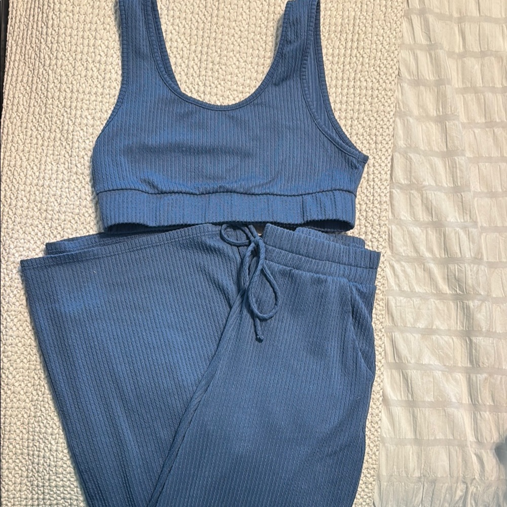 Blue Ribbed Tank and Wide-Leg Jogger Set